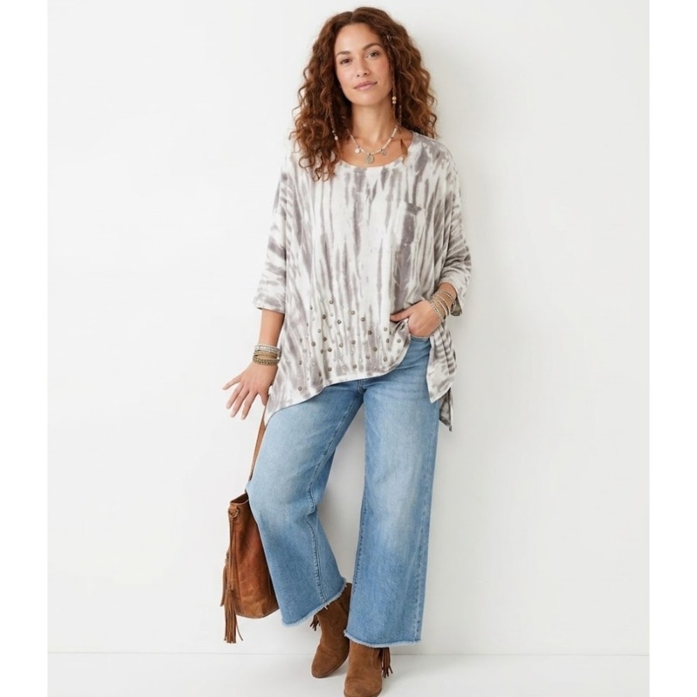 XCVI Gray White Tie Dye Round Neck‎ Beaded Relaxed Lagenlook Stretch Top Large